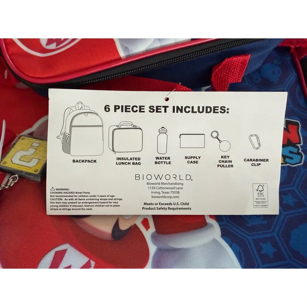 Bioworld Super Mario Kids 6 Piece Backpack Set Lunch Bag Water Bottle Red Blue